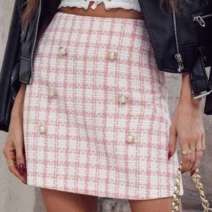 Pink white Button Detail Plaid Tweed mini Skirt